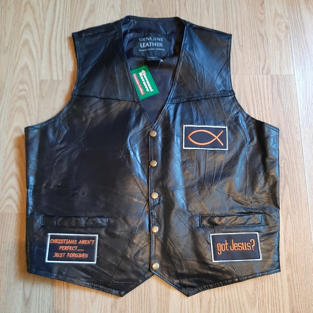 NWT Giovanni Navarre Genuine Leather Patchwork Christian Patches Biker Vest